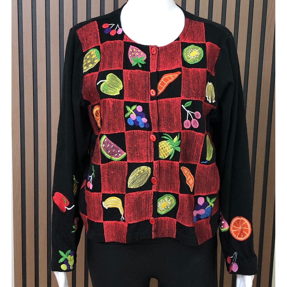 Michael Simon Women's Fruit‎ Patchwork Button Cardigan Black Red L Embroidered